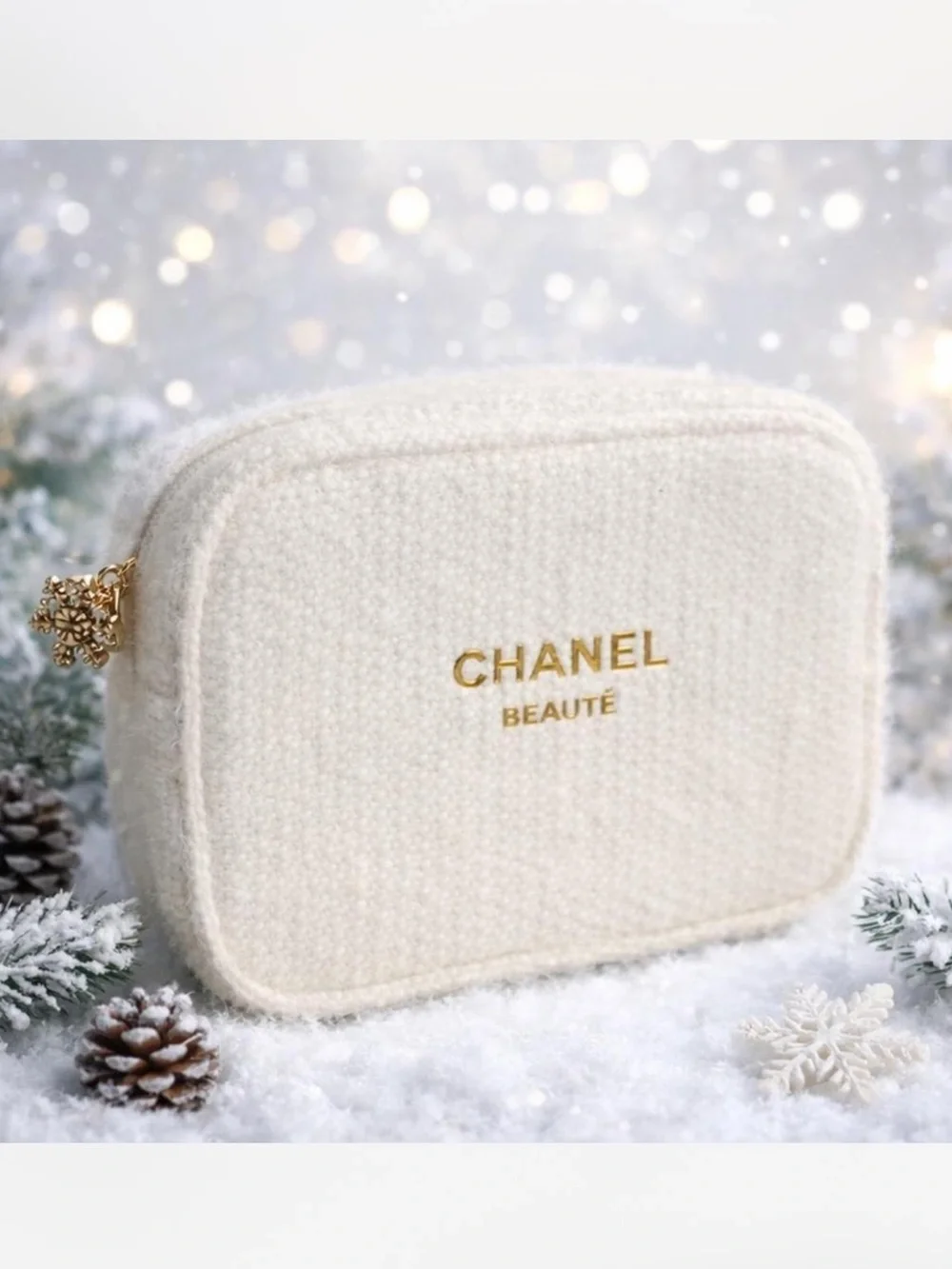 CHANEL Cream Bouclé Beaute Crossbody with Gold Chain